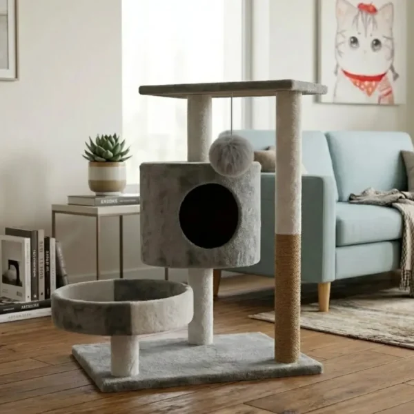 Gimnasio Rascador Para Gatos Jazak de 3 Niveles Con Cucha y Juguete Colgante Gris