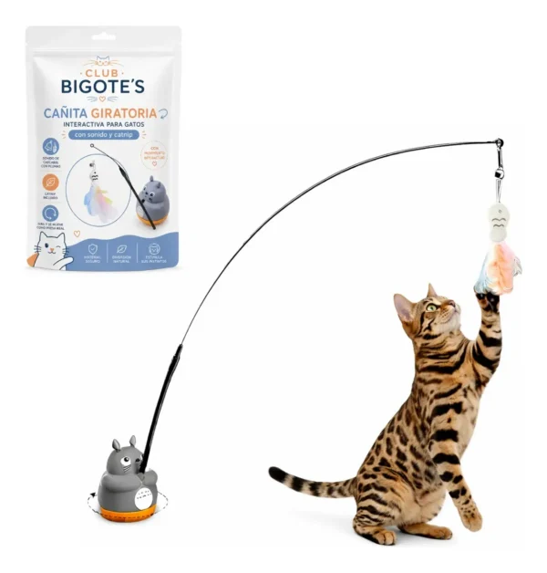Juguete Interactivo Gatos Cañita Giratoria Plumas Rata