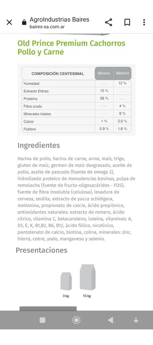 Alimento para Cachorros Old Prince Premium 15kg