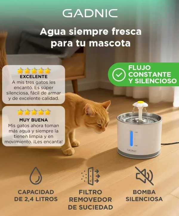 Fuente de Agua Recirculante para Perros y Gatos Gadnic 2.4L con Luz LED