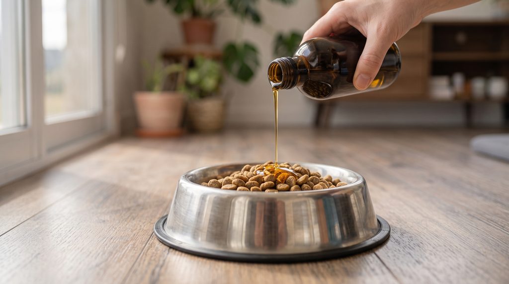 Suplemento de aceite de pescado agregado al alimento balanceado del perro