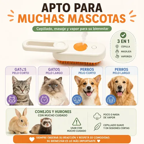 Cepillo Peine A Vapor Quita Pelos para Mascotas Masajeador Crema