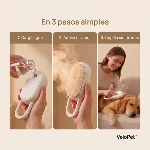 Kit Cepillo A Vapor + Guante para Perros y Gatos VeloPet Blanco y Negro