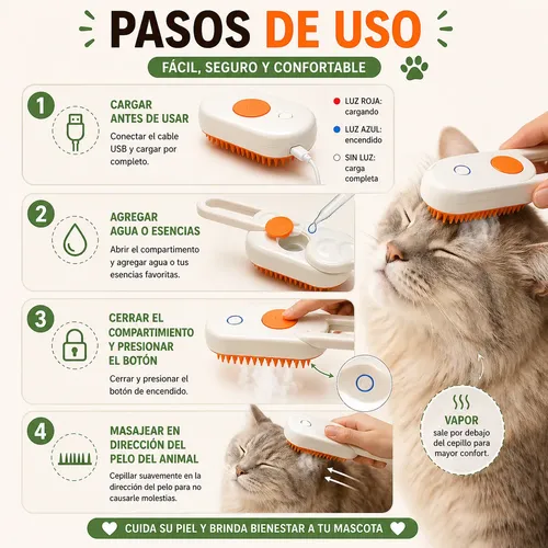 Cepillo Peine A Vapor Quita Pelos para Mascotas Masajeador Crema