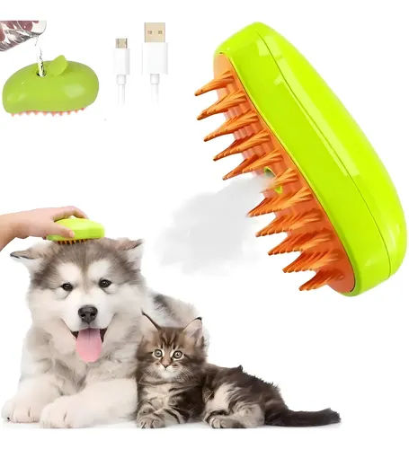 Cepillo A Vapor 3 En 1 para Mascotas con Spray y Masajeador Verde