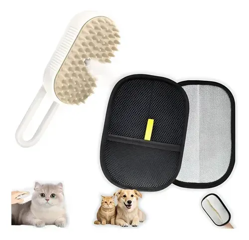 Kit Cepillo A Vapor + Guante para Perros y Gatos VeloPet Blanco y Negro